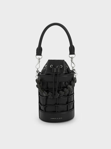 Heart Motif Caged Bucket Bag, Black, hi-res