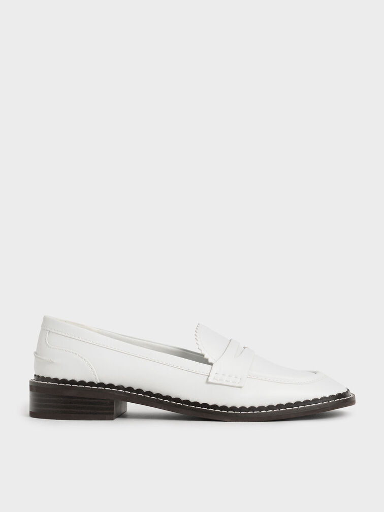 Scallop-Trim Penny Loafers, White, hi-res
