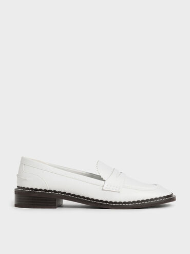Scallop-Trim Penny Loafers, White, hi-res