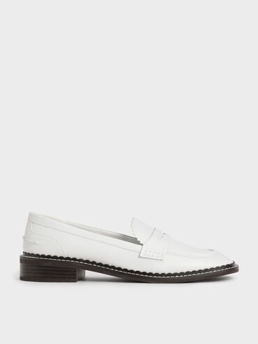 Scallop-Trim Penny Loafers, White, hi-res