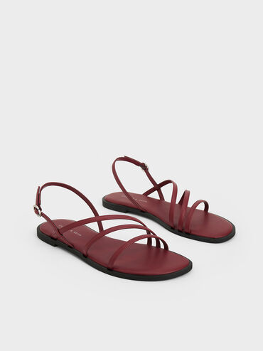 Asymmetric Triple-Strap Sandals, Burgundy, hi-res