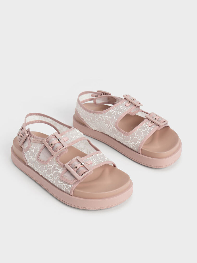 Beaded Mesh Flatform Sandals, Nude, hi-res