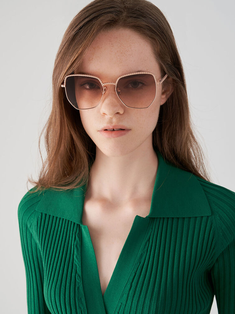 Recycled Acetate Braided Butterfly Sunglasses, Rose Gold, hi-res