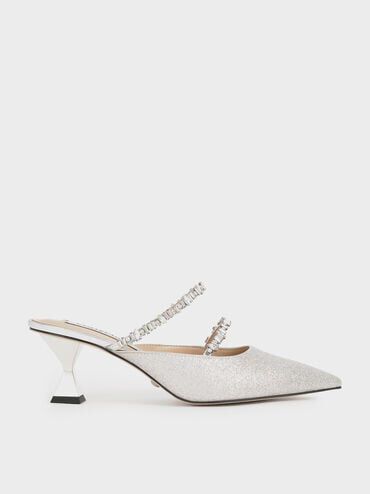Wedding Collection: Gem-Encrusted Metallic Glittered Mules, Silver, hi-res
