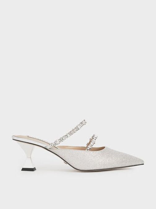 Wedding Collection: Gem-Encrusted Metallic Glittered Mules, Silver, hi-res