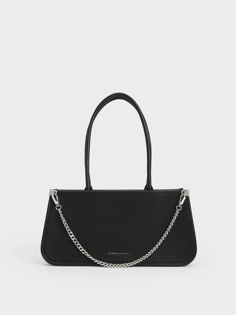 Curved Handle Geometric Bag, Black, hi-res