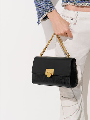 Snake Print Metallic Accent Clutch, Black, hi-res