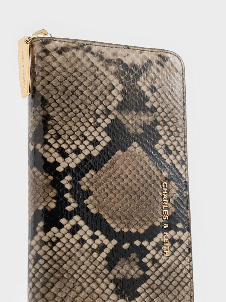 Snake-Print Zip-Around Long Wallet, Taupe, hi-res