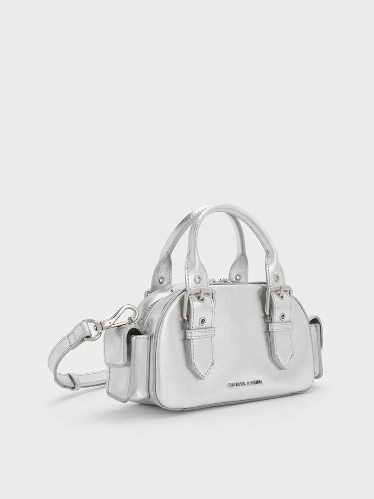 Blaise Metallic Buckle-Strap Side-Pocket Bowling Bag, Silver, hi-res