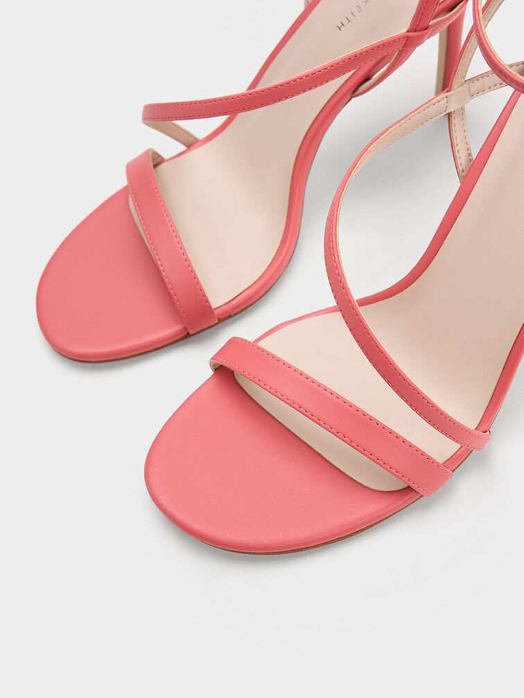 Asymmetric Strappy Heeled Sandals, Coral Pink, hi-res
