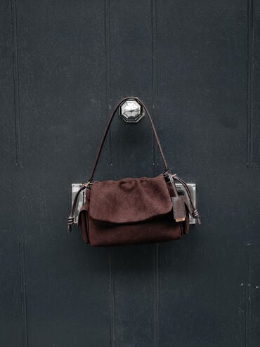 Khai Recycled Suede Ruched-Flap Side-Pocket Top Handle Bag, Espresso Brown, hi-res
