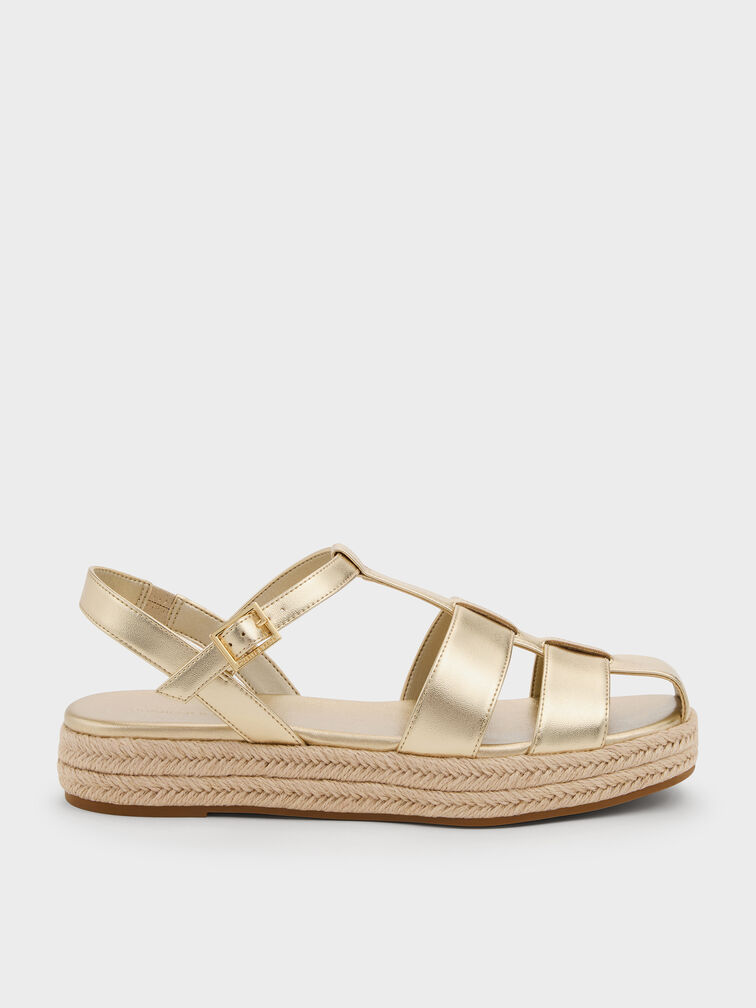 Metallic Caged Flatform Espadrille Sandals, Light Gold, hi-res