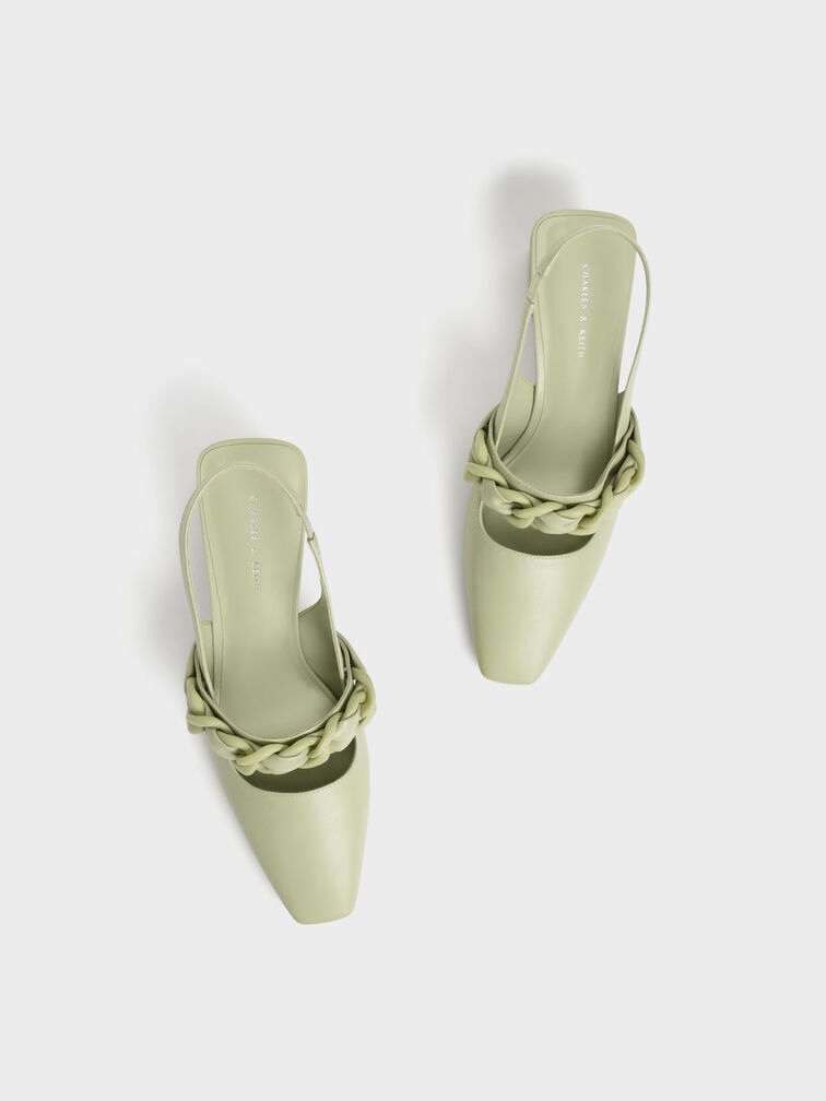 Braided Chain-Link Slingback Pumps, Sage Green, hi-res