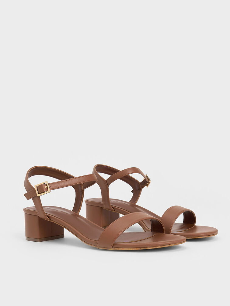 Block Heel Ankle-Strap Sandals, Brown, hi-res