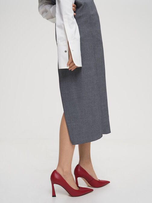 Pointed-Toe Trapeze-Heel Pumps, Red, hi-res