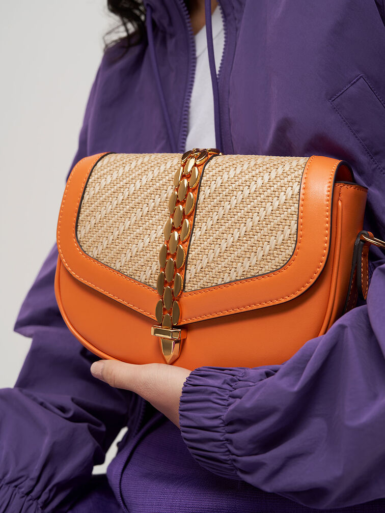 Isana Chain-Accent Crossbody Bag, Orange, hi-res