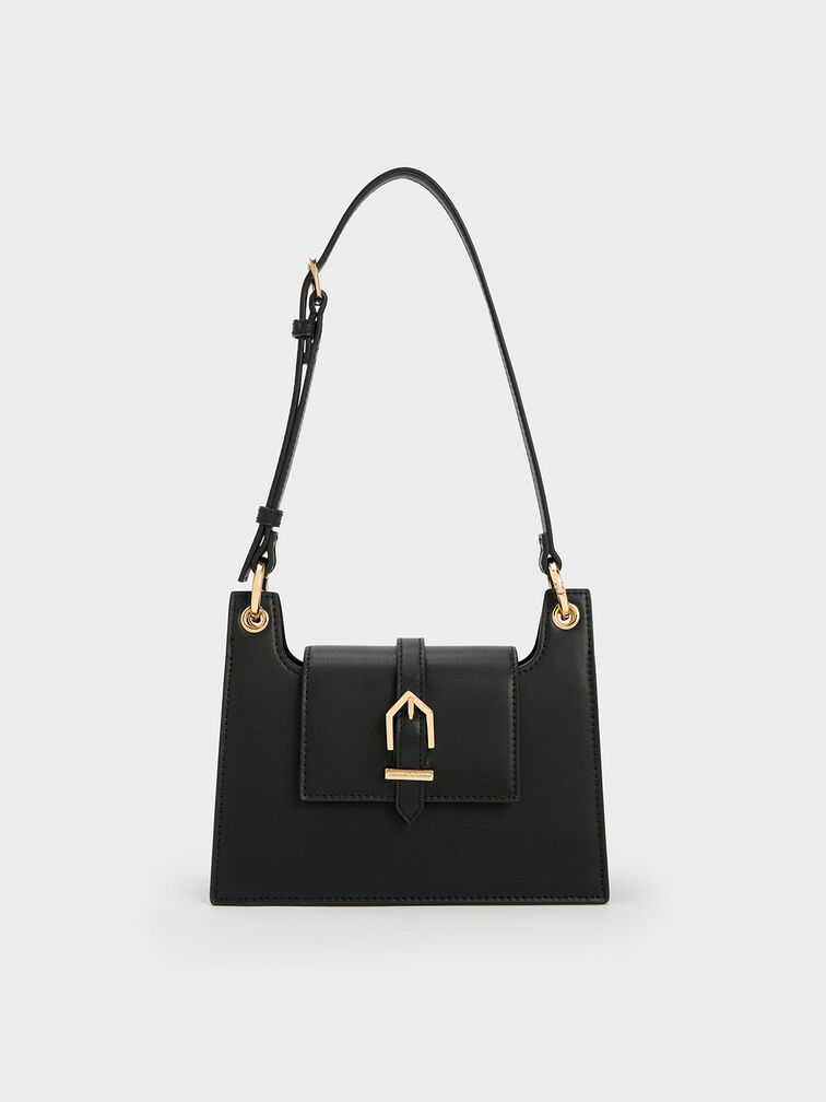 Belted Front Flap Shoulder Bag, Black, hi-res