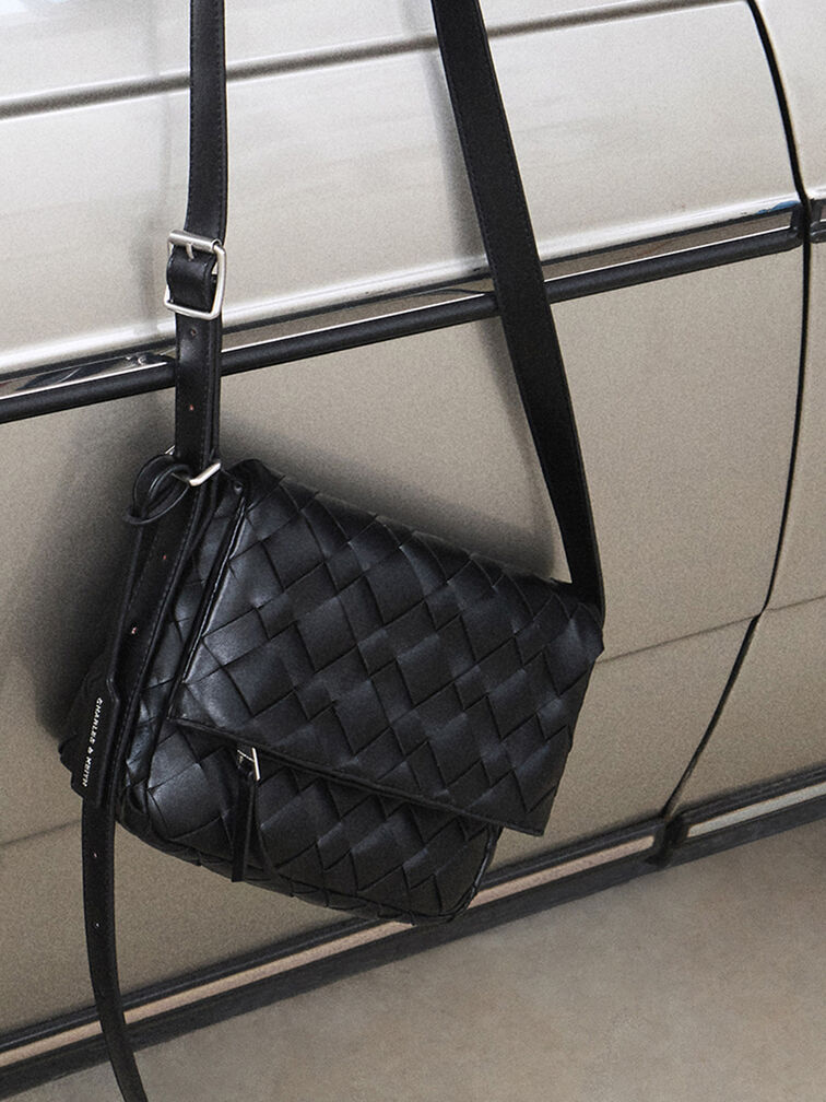 Ivette Woven Front Flap Crossbody Bag, Noir, hi-res
