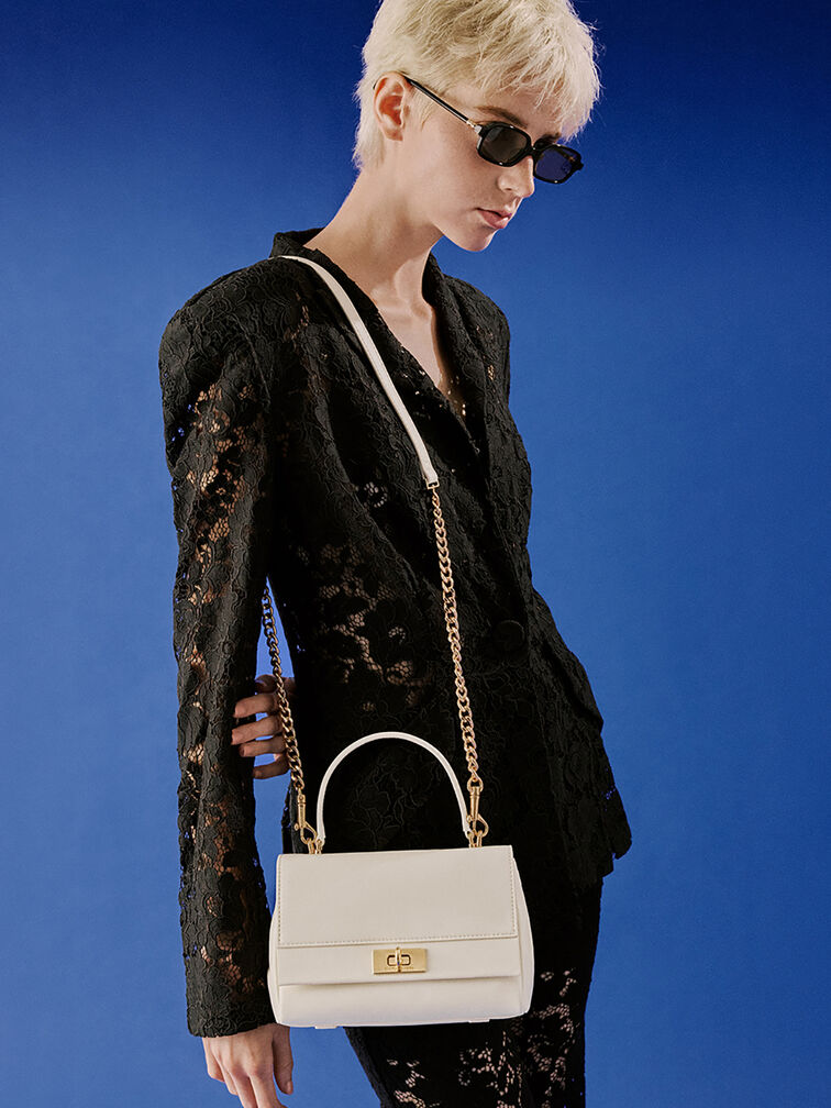 Lennie Chain-Strap Top Handle Bag, Cream, hi-res