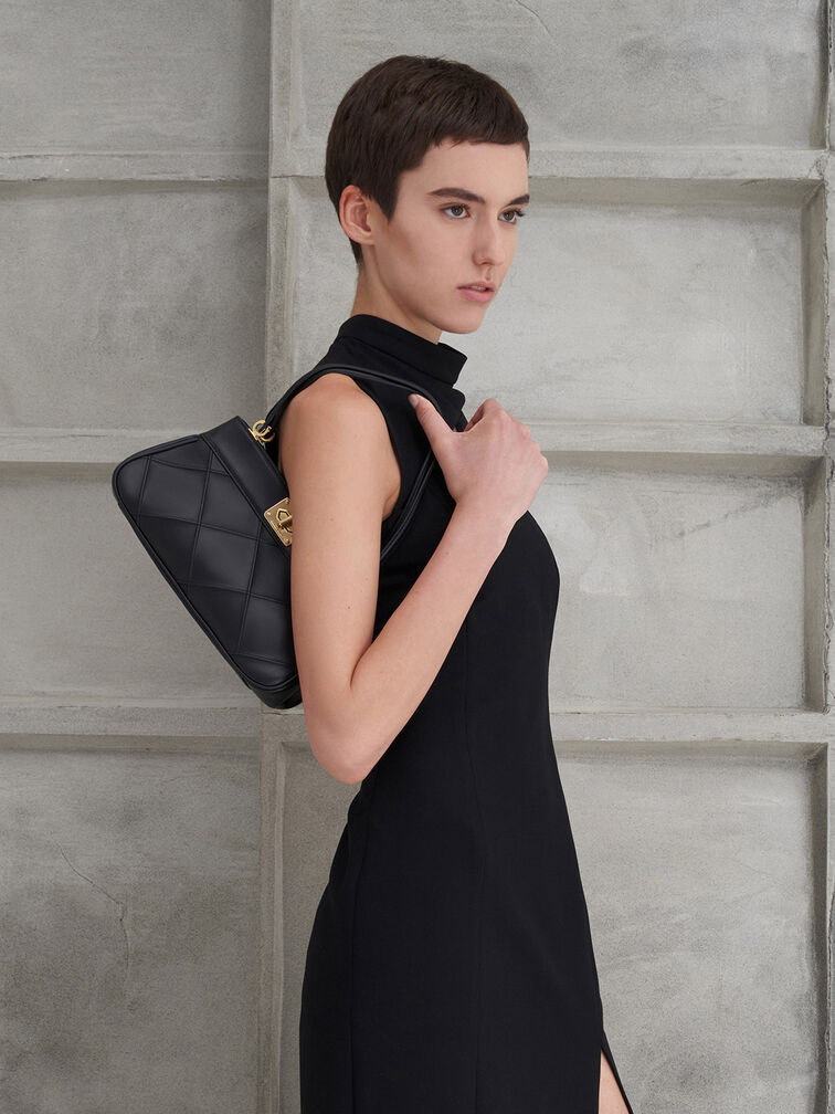 Eleni Quilted Shoulder Bag, Black, hi-res