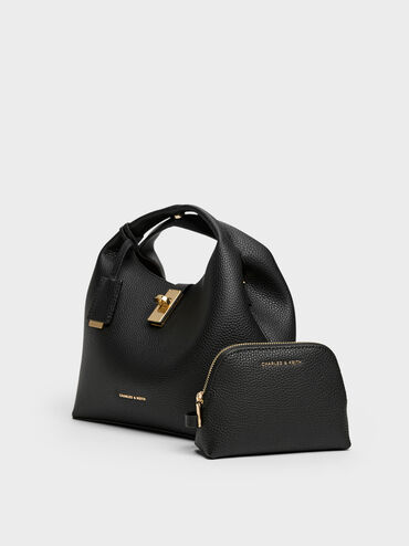 Chance Recycled Leather Turn-Lock Bucket Bag, Black, hi-res