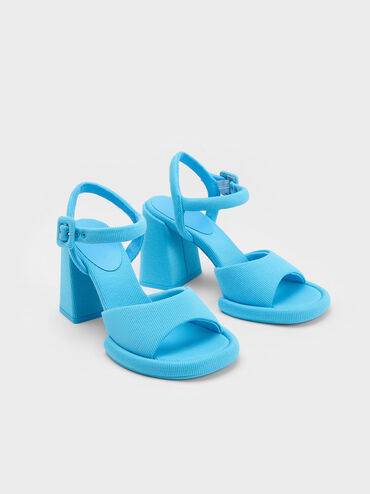 Sinead Woven Trapeze Heel Buckled Sandals, Blue, hi-res