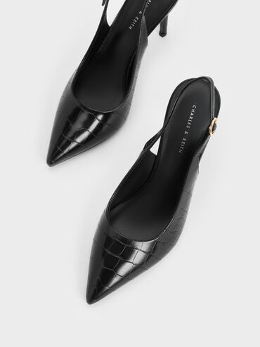 Croc-Embossed Stiletto Heel Slingback Pumps, Animal Print Black, hi-res