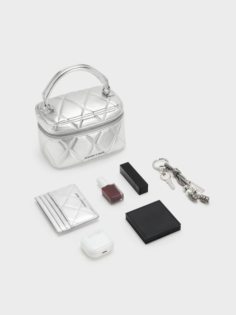 Arwen Metallic Quilted Top Handle Vanity Bag, Silver, hi-res