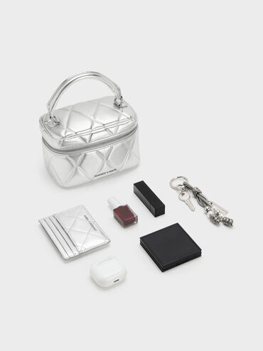Arwen Metallic Quilted Top Handle Vanity Bag, Silver, hi-res