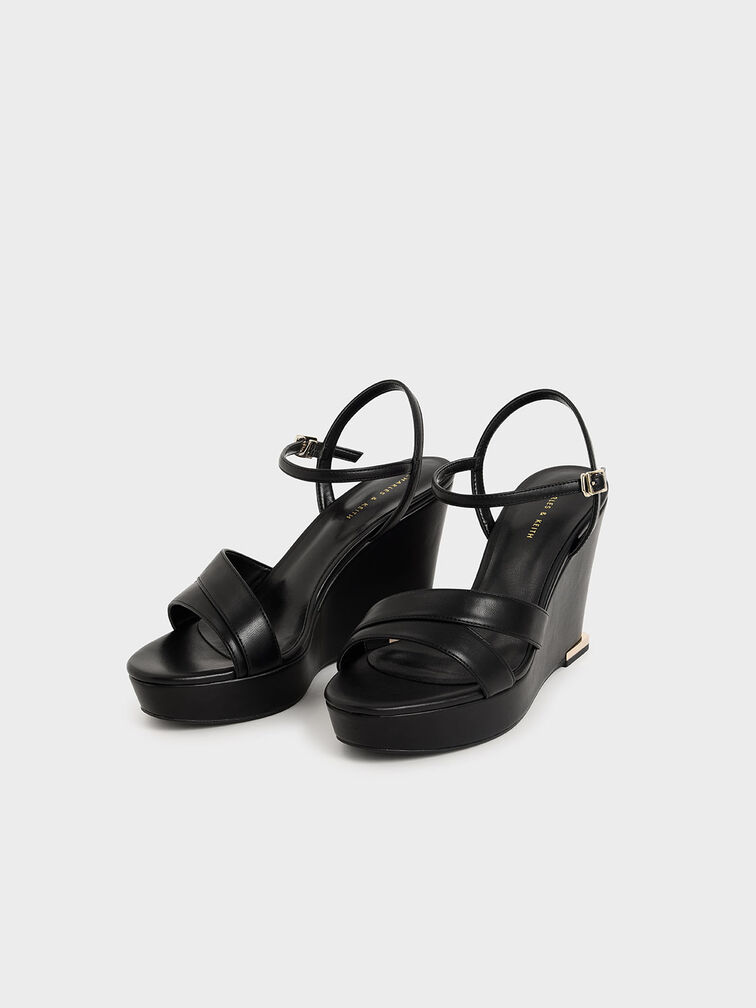Asymmetric Strap Platform Wedges, Black, hi-res