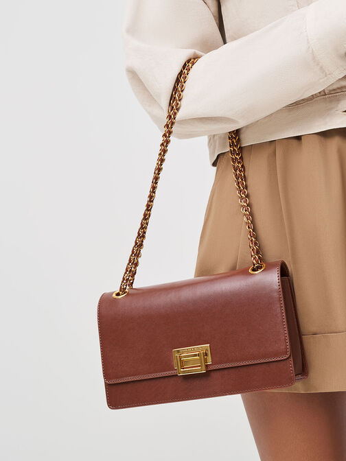Chain Handle Shoulder Bag, Chocolate, hi-res