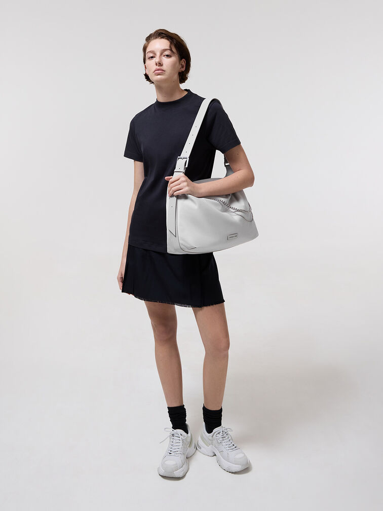 Nylon Chain-Link Slouchy Shoulder Bag, Light Grey, hi-res