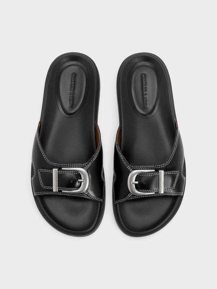 Stitch-Trim Buckled Slides, Black, hi-res