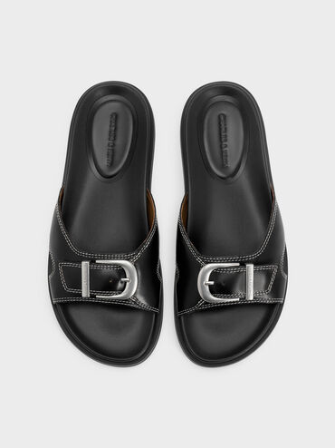 Stitch-Trim Buckled Slides, Black, hi-res