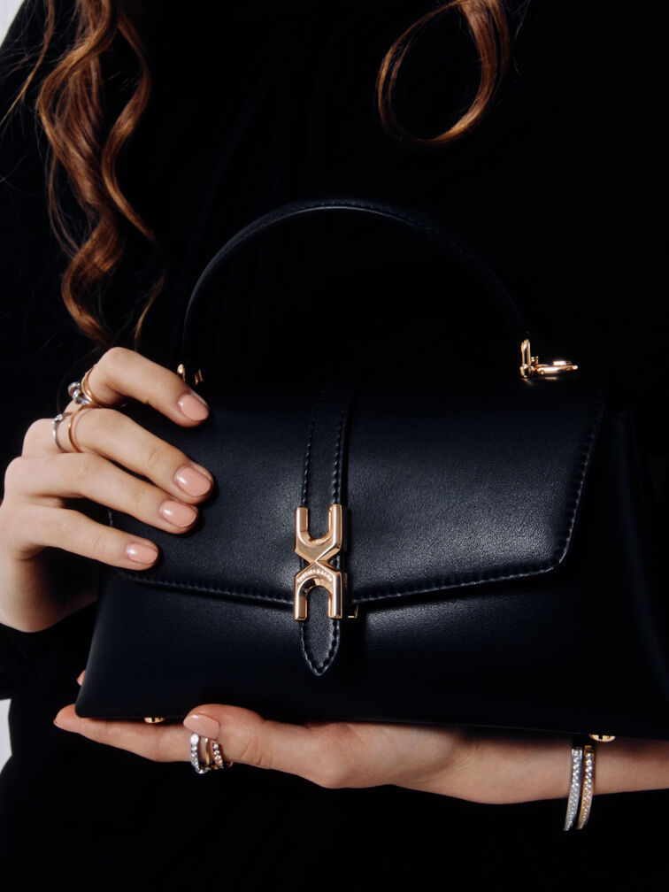 Adalyn Metallic-Buckle Chain-Strap Top Handle Bag, Black, hi-res