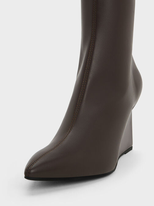 Pointed-Toe Wedge Ankle Boots, Dark Brown, hi-res
