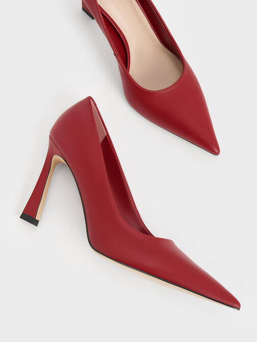 Pointed-Toe Trapeze-Heel Pumps, Red, hi-res