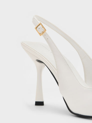 Metallic Cap Pointed-Toe Slingback Pumps, White, hi-res