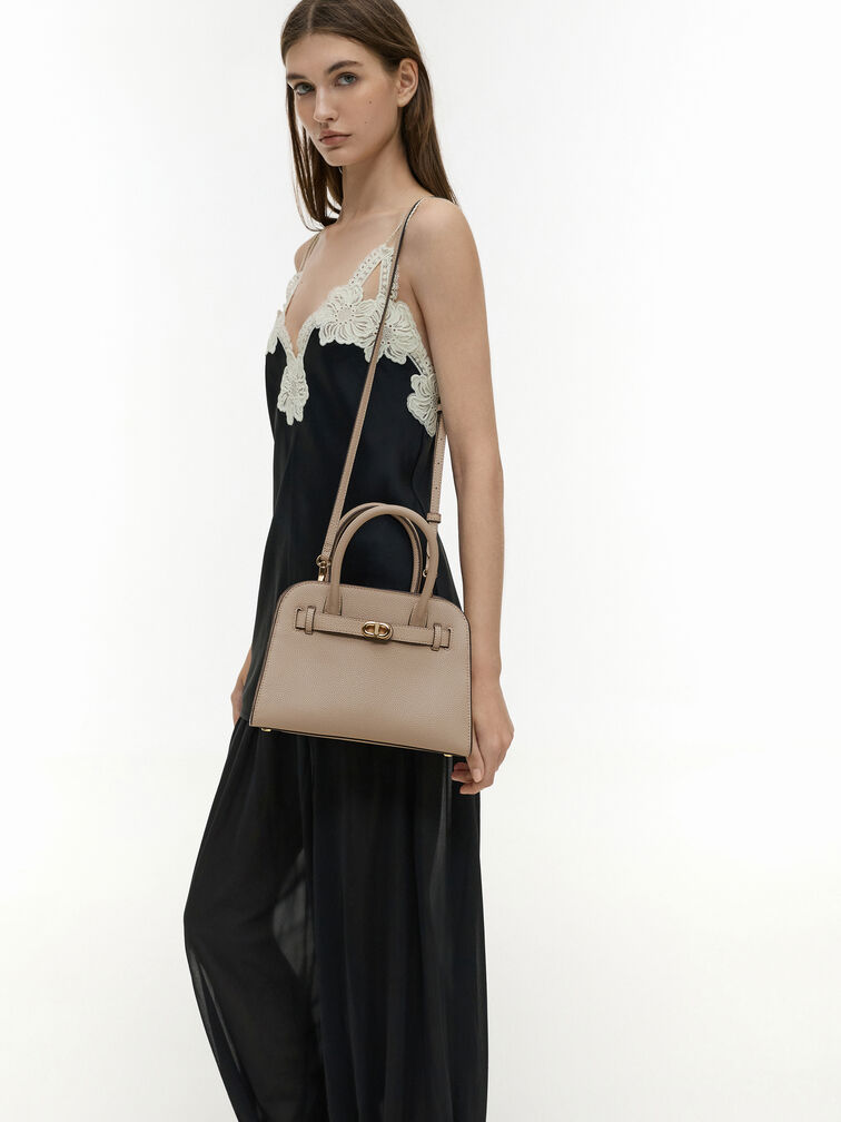 Aubrielle Belted Tote Bag, Taupe, hi-res