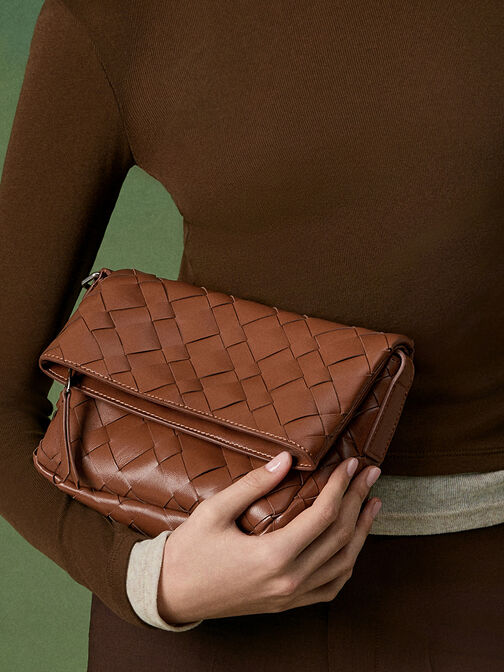 Ivette Woven Front Flap Crossbody Bag, Chocolate, hi-res