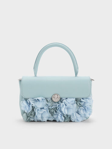 Floral Mesh Top Handle Bag, Light Blue, hi-res