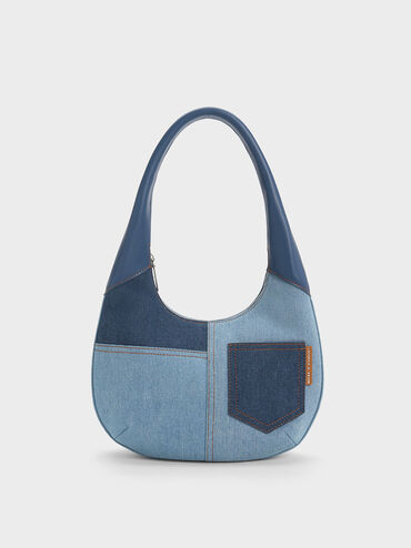 Anthea Denim Contrast-Trim Curved Hobo Bag, Denim Blue, hi-res