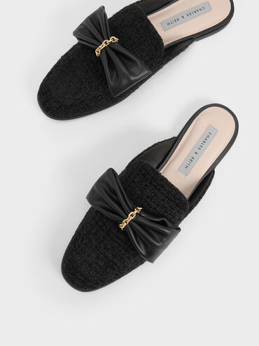 Tweed Chain-Link Bow Loafer Mules, Black Textured, hi-res
