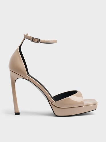 Patent Platform Heeled Sandals, Taupe, hi-res