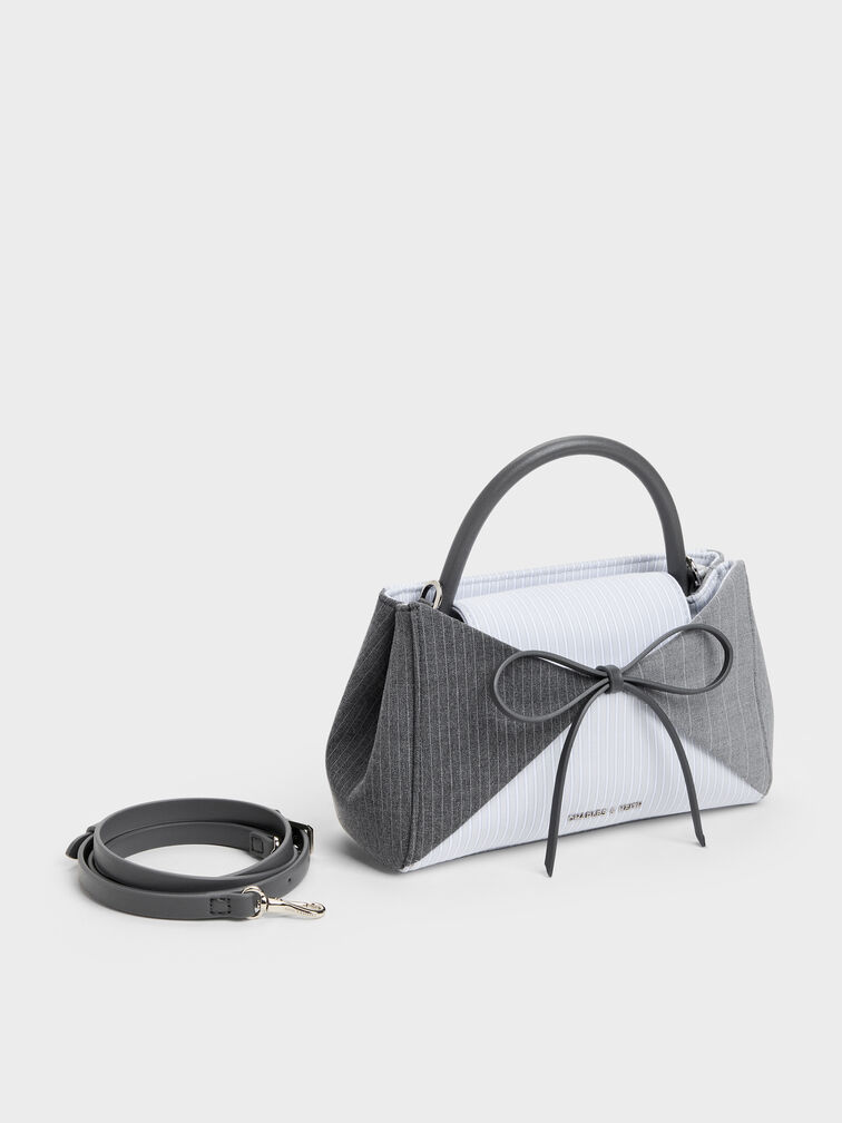 Hazel Striped Bow Panelled Top Handle Bag, Grey, hi-res