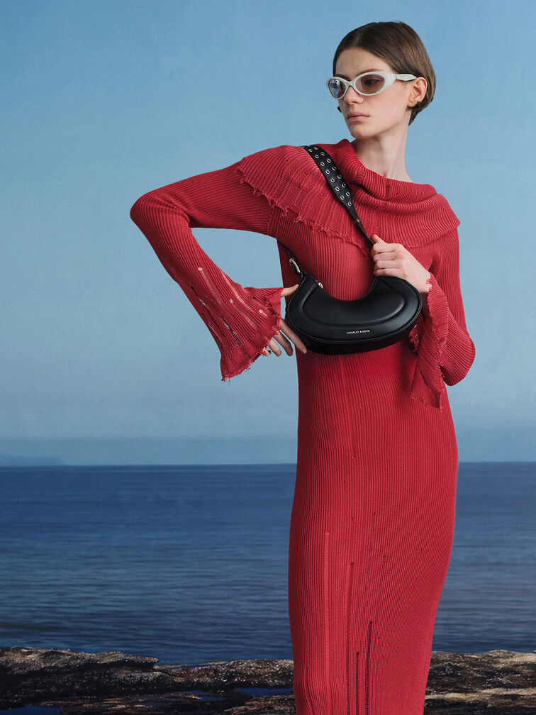 Petra Grommet-Strap Curved Shoulder Bag, Noir, hi-res