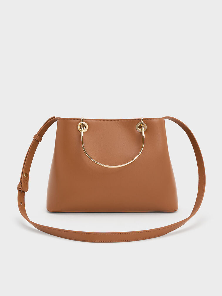 Leather Ring-Handle Bag, Cognac, hi-res