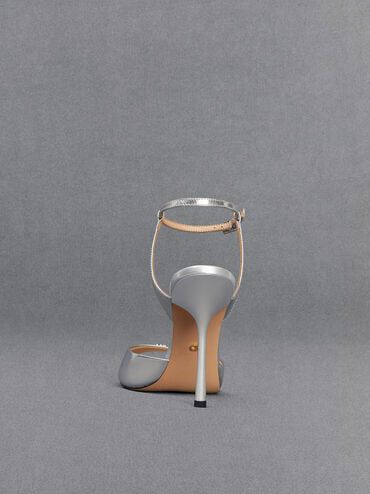 Metallic Leather Ankle-Strap Pumps, Silver, hi-res