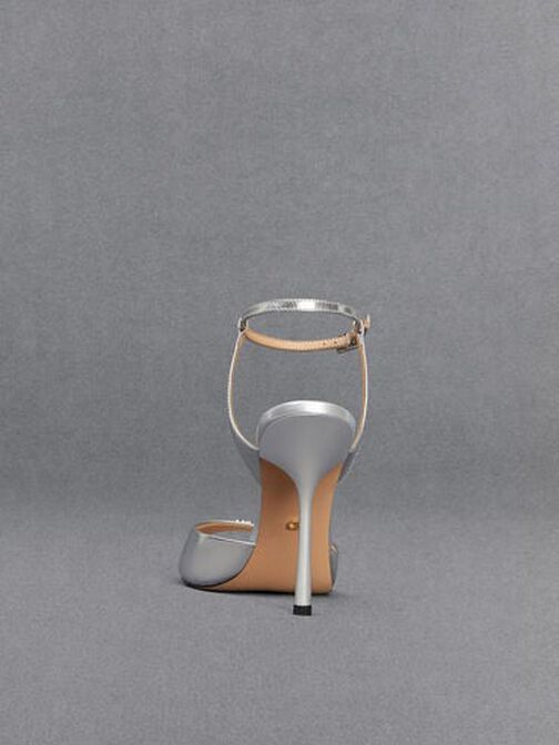 Metallic Leather Ankle-Strap Pumps, Silver, hi-res