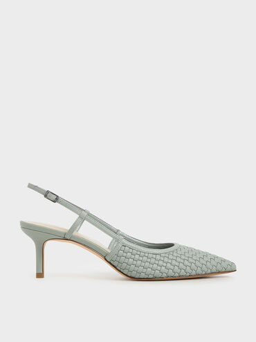 Woven Slingback Pumps, Sage Green, hi-res